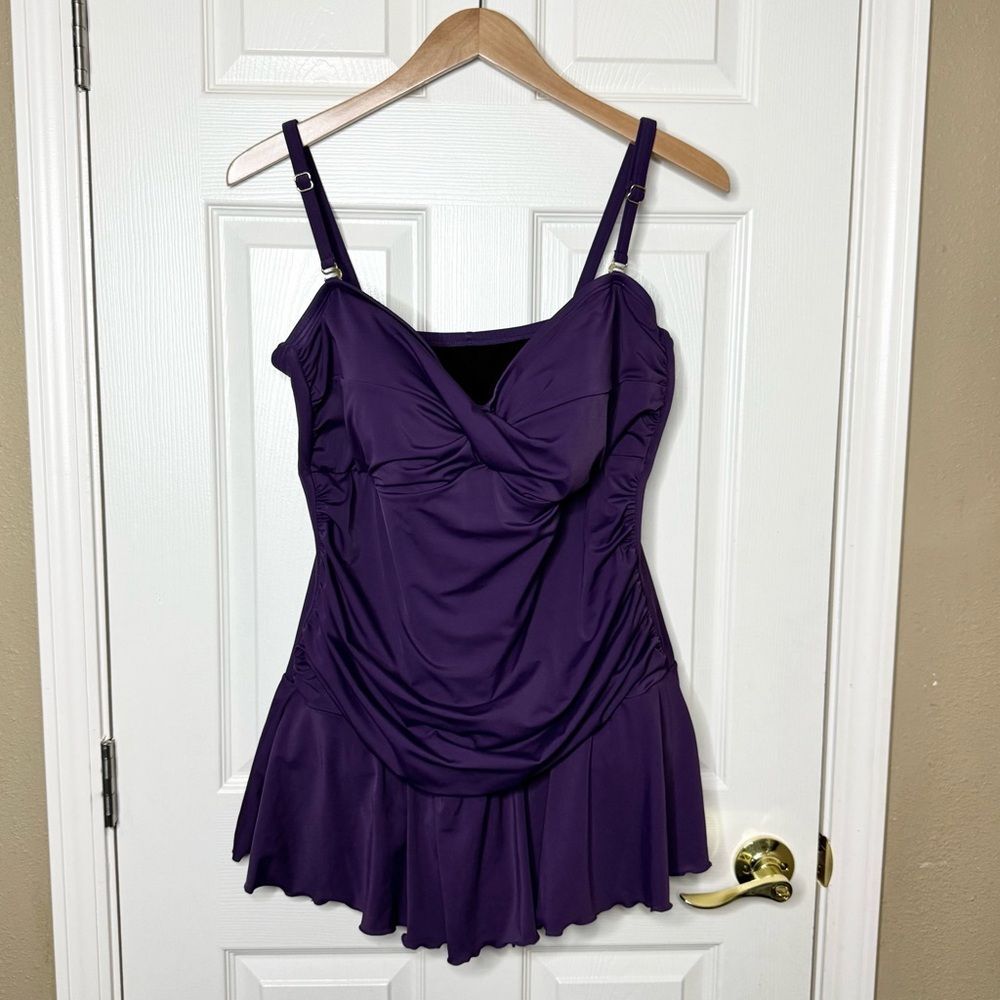 Always For Me Twist Front Bandeau Shirred Swimdress with Brief Purple Size 22W
